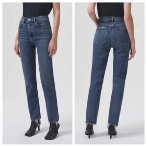 agolde - high rise stovepipe jean stretch denim slim straight distressed blue